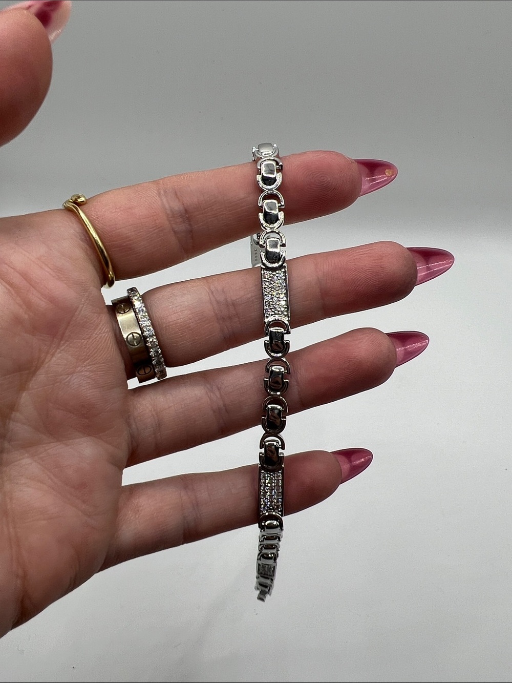 295. White Gold Plated Bracelet with Pavé Stones. 6 1/2” - 7 1/2”